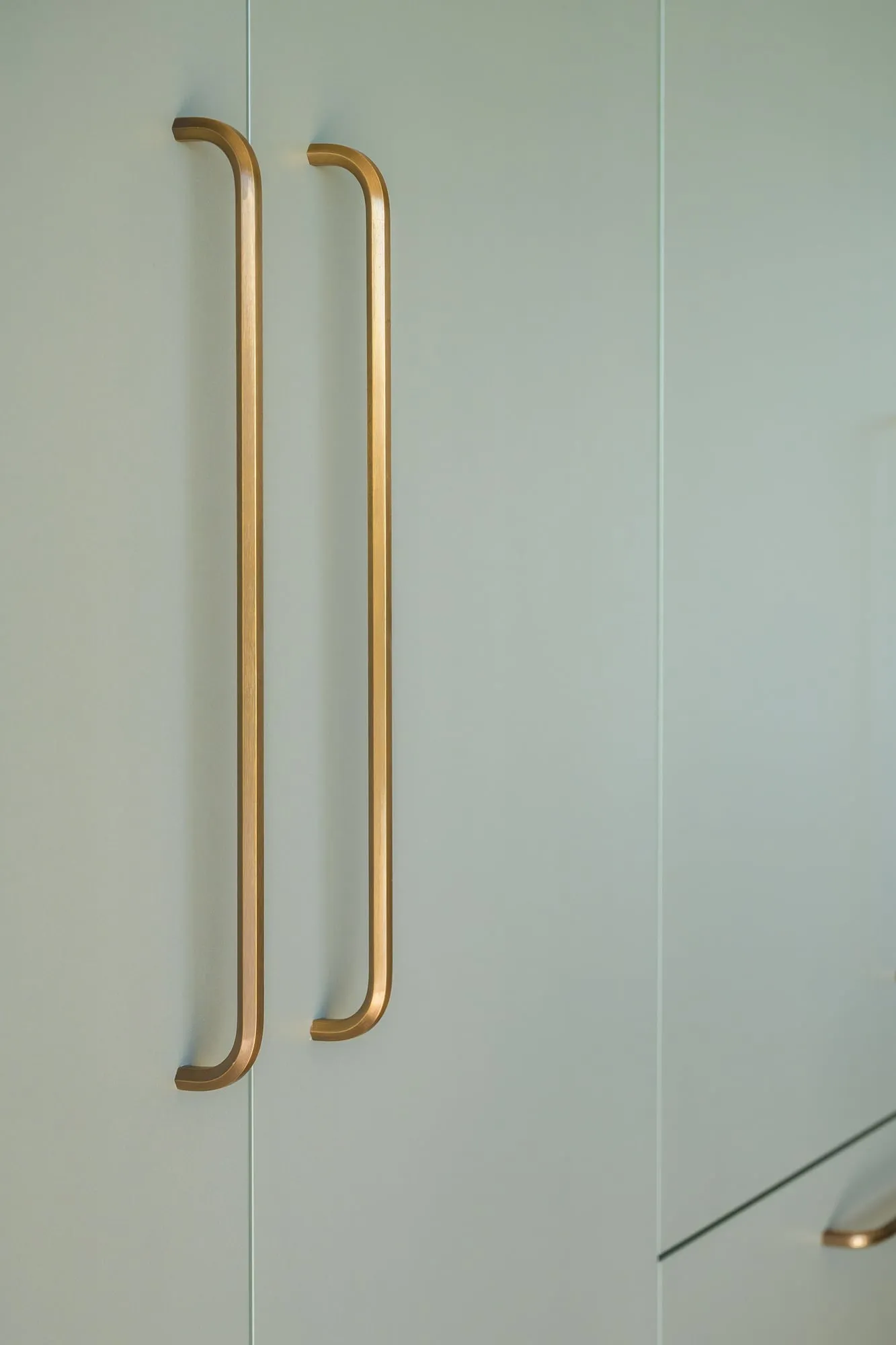 Paired brushed-brass D pulls on matt Sage cabinet doors