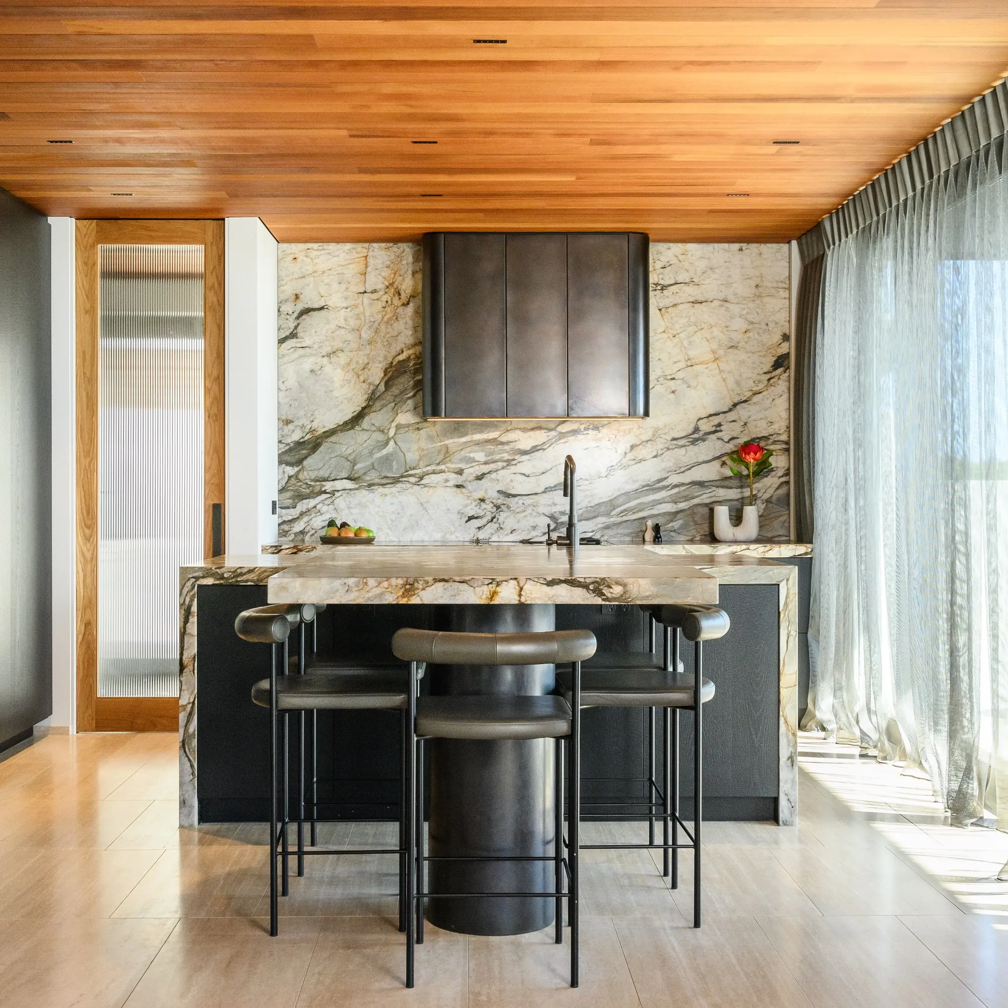 Charred black Oak kitchen with Quartzite island and Cedar ceiling, Oceanbeach Road, Mount Maunganui