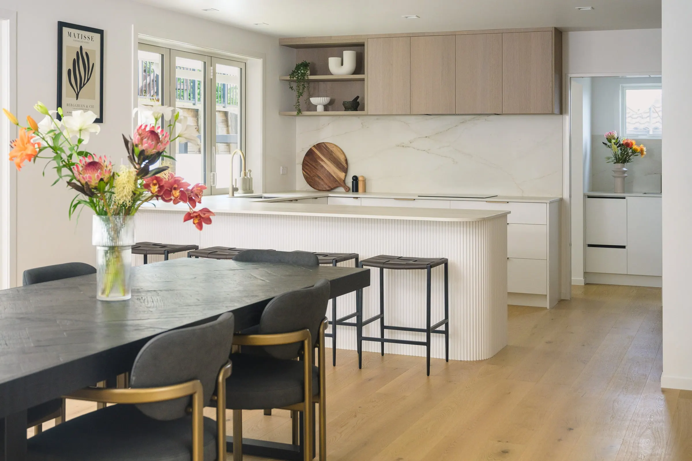 Fluted white island and limed Oak cabinetry, Valley Road, Mount Maunganui
