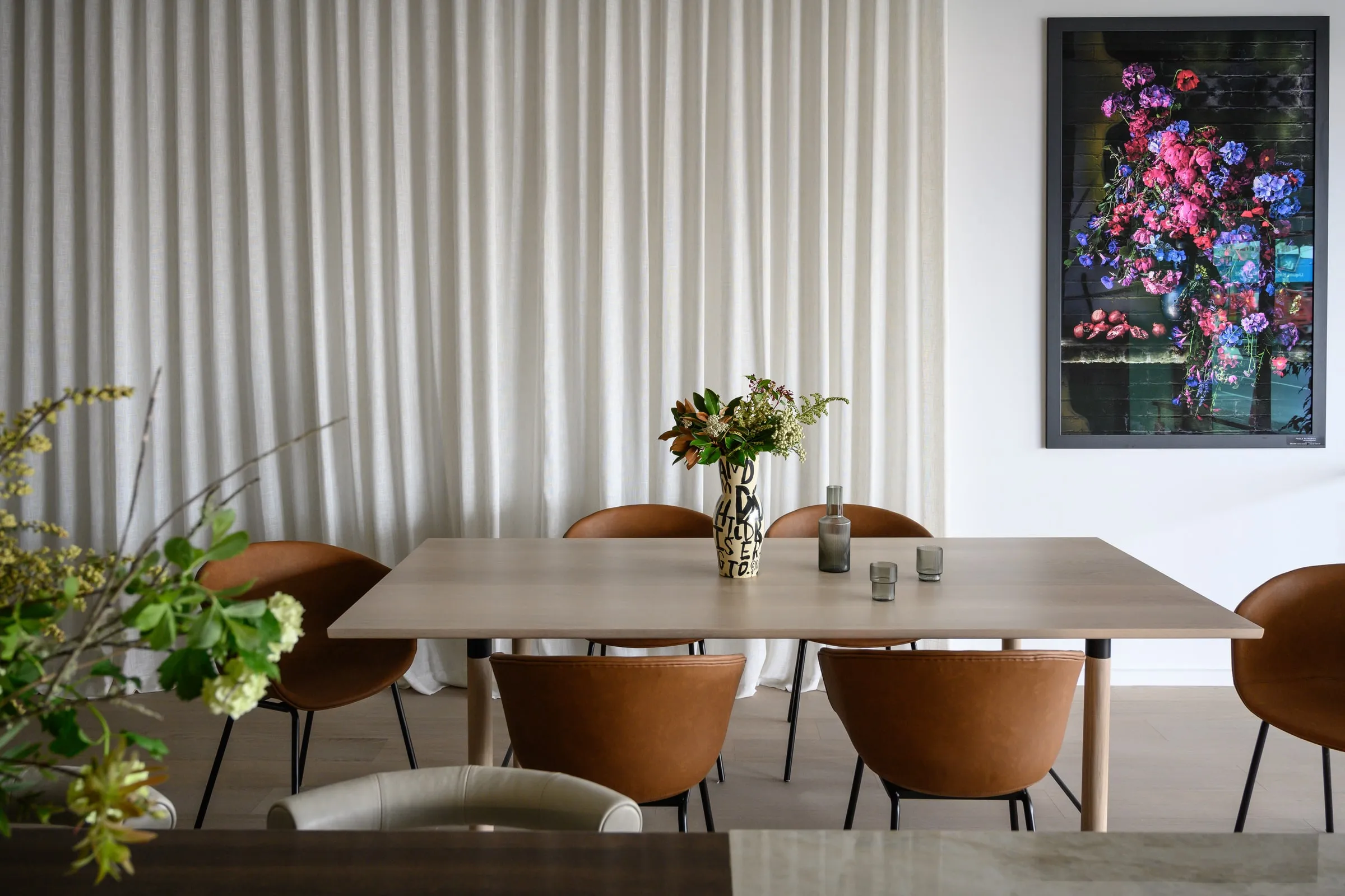 Inspace showroom dining display with sheer linen curtains, 83 Aviation Avenue, Mount Maunganui