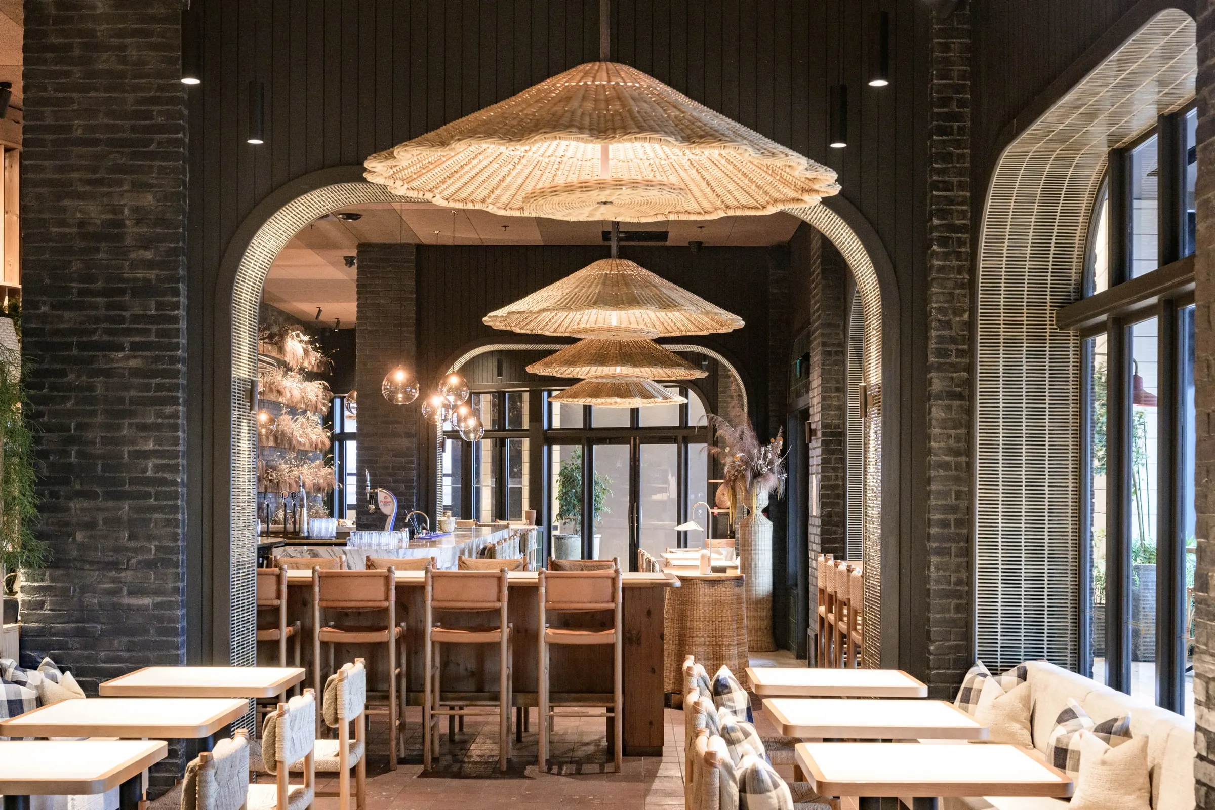 Hospitality cabinetry with green tiled bar and rattan pendants, Picnicka, Tauranga